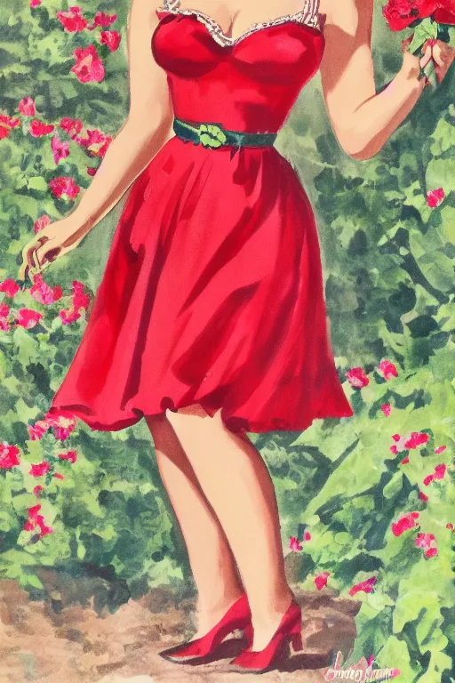 Image similar to a full view portrait of a beautifull woman, wearing a red dress,with a beautifull smile,a garden background.in american style pin up.anatomically correct