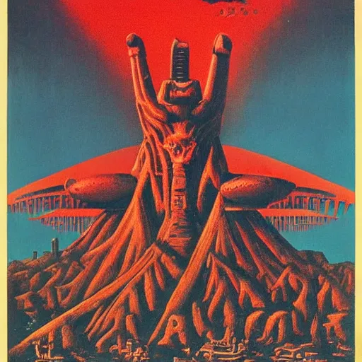 Prompt: soviet propaganda poster of a shrine to moloch in the style of beksinski