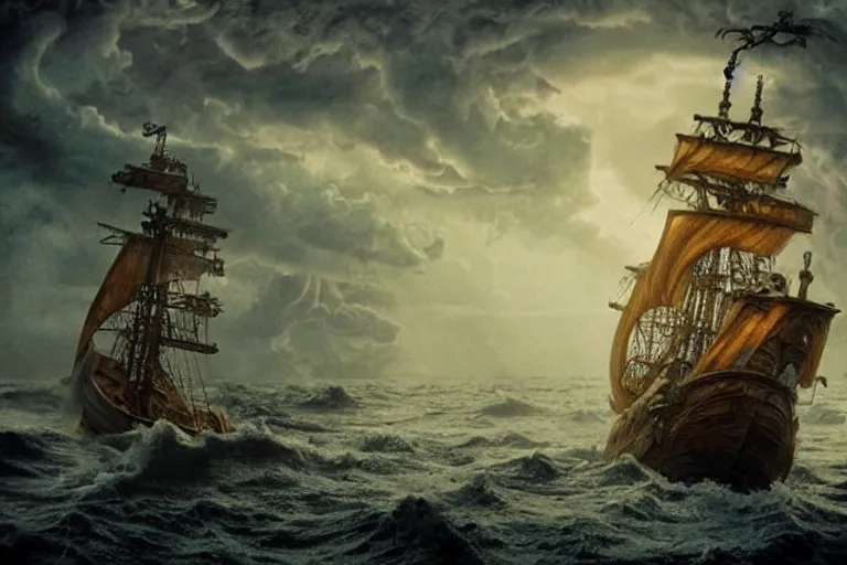 Image similar to epic pirate ship in a storm, cthulhu rises from the sea, cthulhu, cthulhu!!! in the style of vernon grant and chris van allsburg, trending on artstation, bright tilt - shift camcorder effect, photoshop, retrowave, hyperrealism,