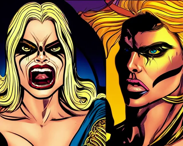 Prompt: style of Rafeal Albuquerque comic book art, goddess Margot Robbie sucking out man's soul, gold and white eyes, symmetrical face, symmetrical eyes, scary smile