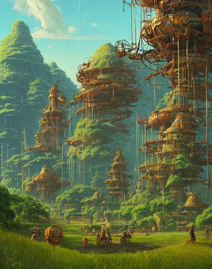 Image similar to #art #hyperreal #intricate simon-stålenhag-dinotopia-botw-studio-ghibli, [32k hd]^10