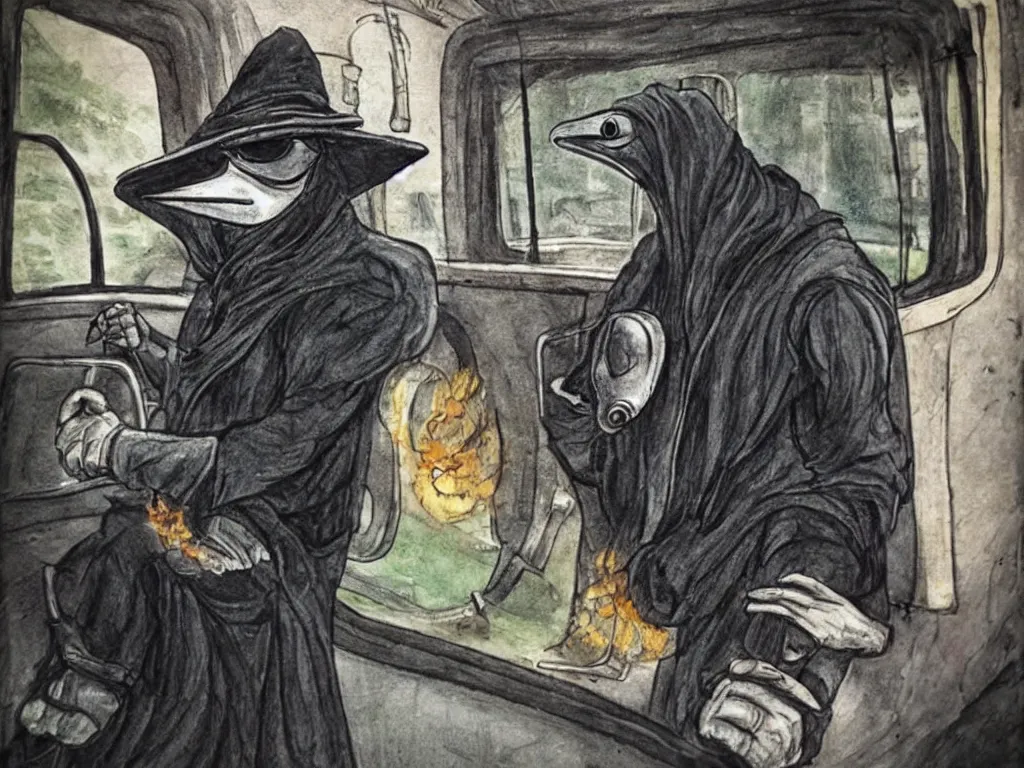 Prompt: plague doctor riding in a bus