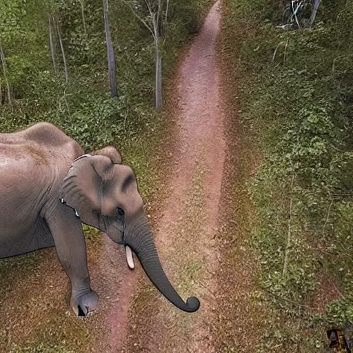 Prompt: elephant cyborg spotted in a trail cam, flash, night