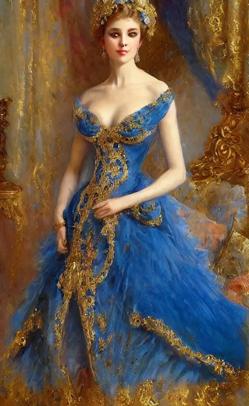 Image similar to Elegant laydy in blue baroque dress with gold ornaments. By Konstantin Razumov, highly detailded