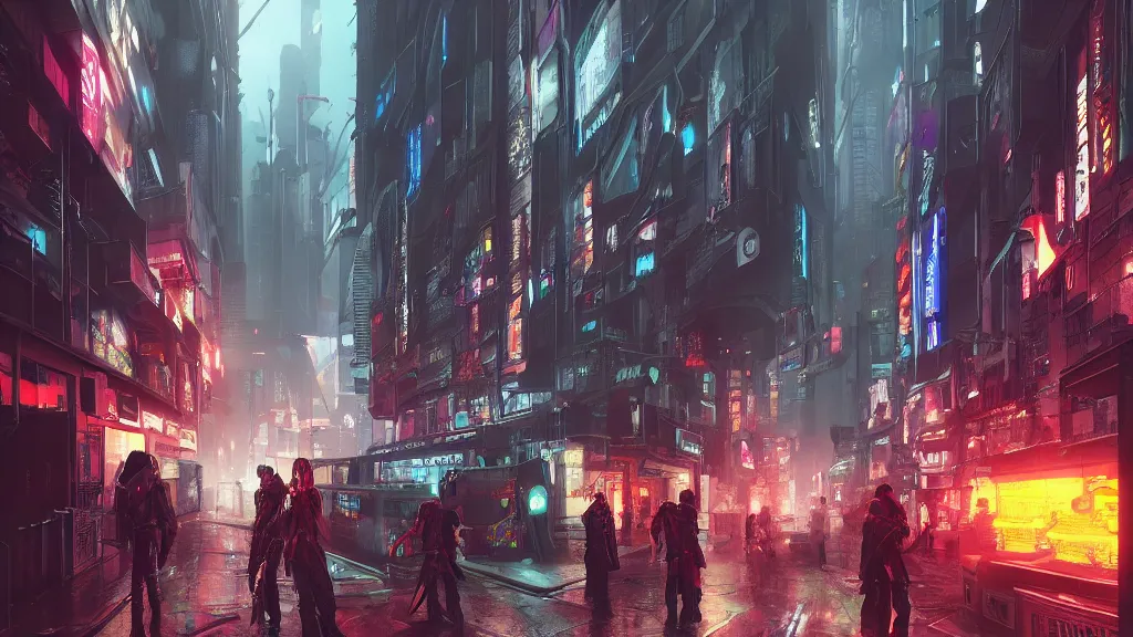 Prompt: cyberpunk london streets in 2 0 7 7 by yuumei, bayard wu, wlop, tim white, ross tran, 4 k