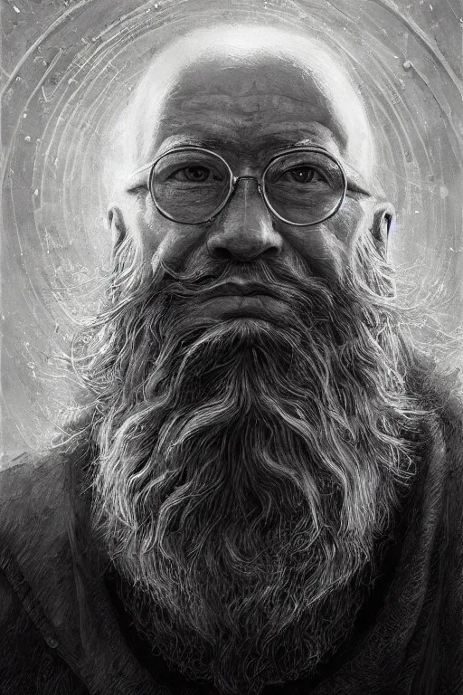 Image similar to Portrait of philosopher Peter Kropotkin with a long beard wearing futuristic power armor, sci-fi, intricate, highly detailed, digital painting, trending on artstation, sharp focus, illustration, style of Stanley Artgerm and Greg Rutkowski and Dan Mumford