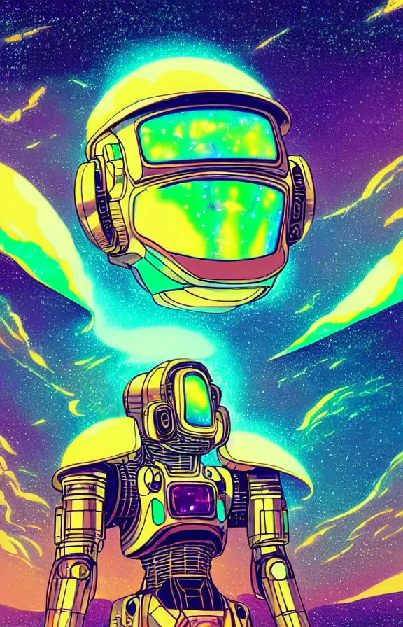 Prompt: a portrait of a mecha dragon in a iridescent intricate spacesuit, galactic landscape, space travel, lens flare, digital art, 4 k, golden synthwave color palette, vintage sci - fi, soft grainy, inspired moebius, inspired by tim white, in the style of studio ghibli