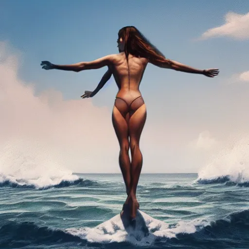 Prompt: a beautiful hyperrealistic rendering of a woman with her arms out to the sides standing on an ocean rock with waves breaking against her, resilient, strength