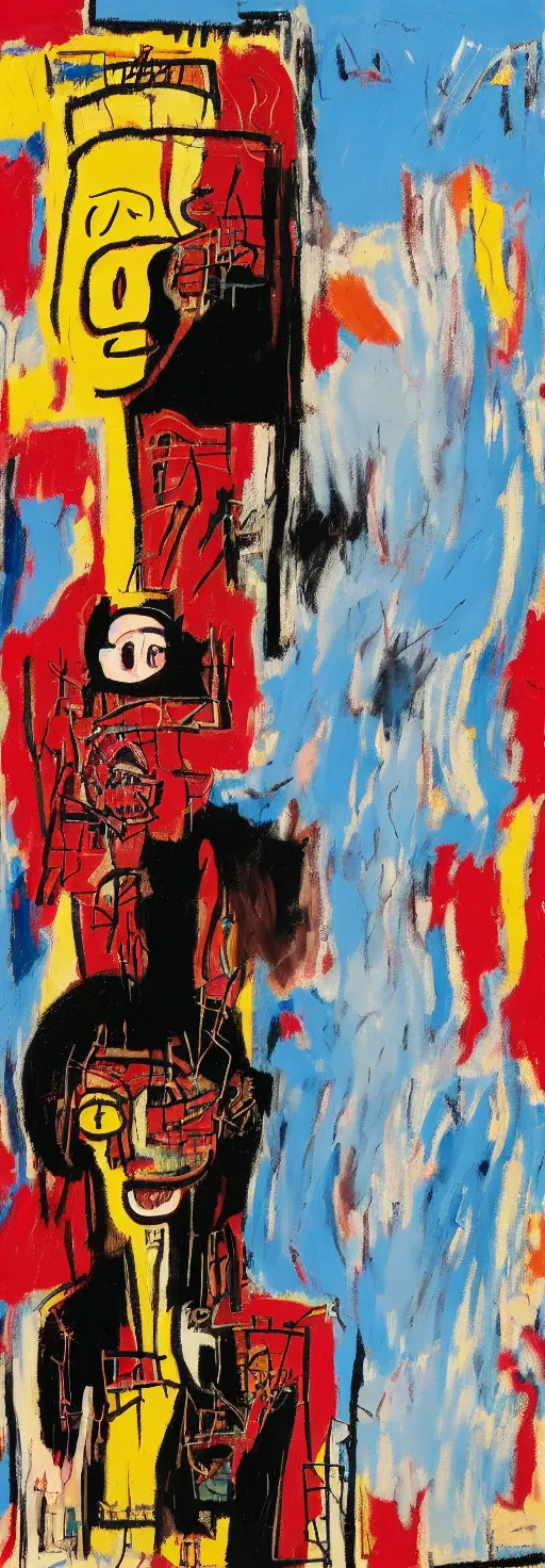 Prompt: young woman taking a selfie and smiling whilst a barn burns down in the background, jean - michel basquiat, soft edges, subtle calm and serene painting