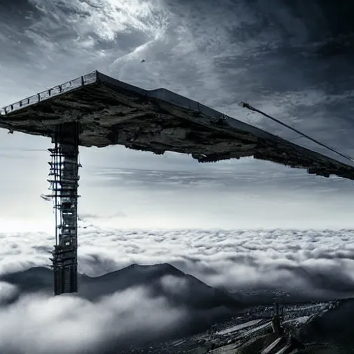 Prompt: ancient hi tech sci fi industrial superstructure standing above the clouds with an abandoned city on top, photograph, derelict, hyperrealism, megastructure