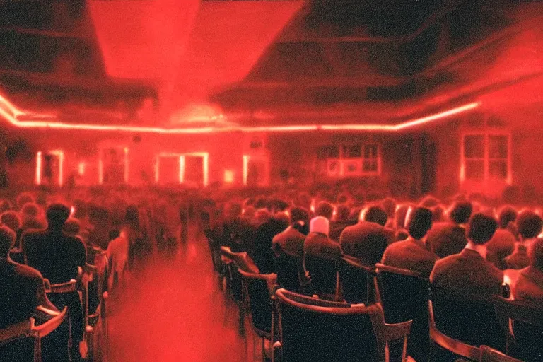 Image similar to view from the stage, back of an audience at the atmospheric and obscure, red neon light, by roger deakins, cinematography, syd mead