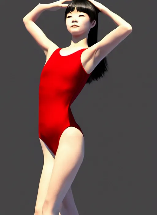 Prompt: gorgeous young cute Japanese girl wearing sport racing competitive one piece swimsuit leotard, expressing joy and posing. Worksafe, elaborate polished, trending on ArtStation, by Ilya Kuvshinov, Krenz, Cushart, Greg Rutkowski, sublime-classy-dignified ambience, 16k, sharp focus, volumetric studio lighting, black ambient background.