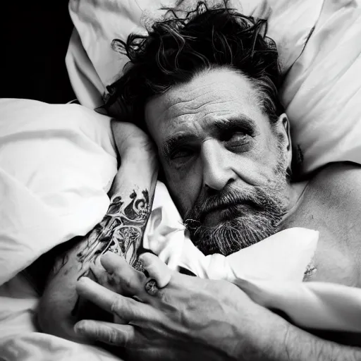 Prompt: black and white press photograph, highly detailed portrait of a depressed old tattooed drug dealer laying in bed, detailed face looking into camera, eye contact, natural light, mist, fashion photography, film grain, soft vignette, sigma 85mm f/1.4 1/10 sec shutter, Darren Aronofsky film still promotional image, IMAX 70mm footage