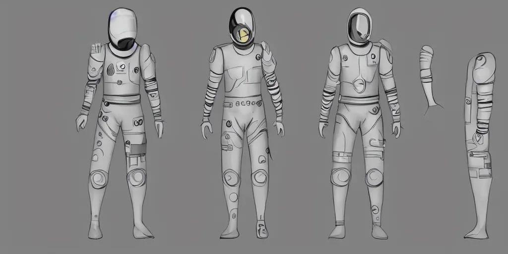 Image similar to male, space suit, character sheet, concept art, stylized, large shoulders, large torso, long thin legs, exaggerated proportions, concept design