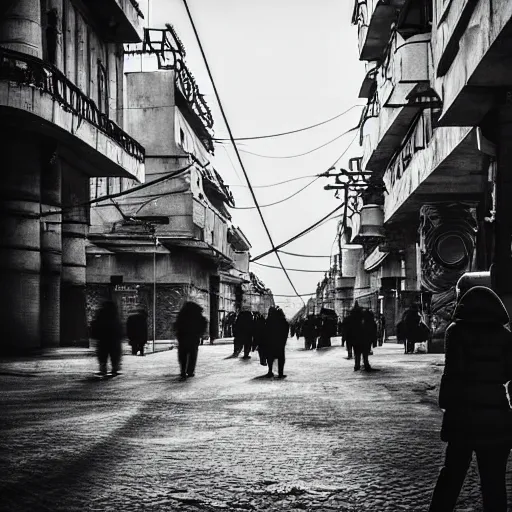 Prompt: Street photo in a crowded city on another planet, Neo Norilsk, Neo Kyiv, sci-fi, fantasy, intricate, very very beautiful, elegant, highly detailed, high contrast, shadows, smooth, photorealistic, cinematic, Unreal Engine 5, sharp focus, trending on Behance