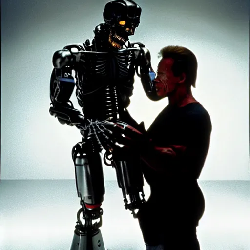 Prompt: uhd photorealisitc candid photo of arnold schwarzenegger begging a terminator not to kill him. hyperdetailed, accurate, studio lighting. photo by annie leibowitz and steve mccurry