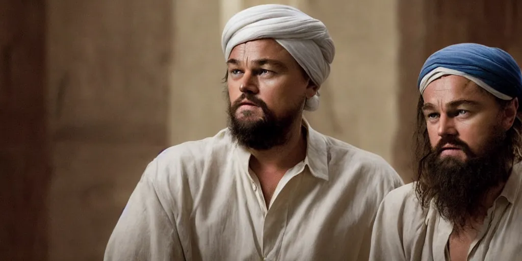 Image similar to Leonardo DiCaprio as Osama Bin Laden in 'Bin' (2024), movie still frame, oscar nominated cinematography, volumetric lighting, 8k resolution, beautiful composition