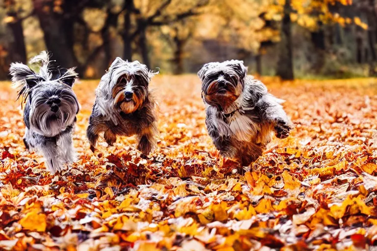 Prompt: dogs running through autumn leaves towards the camera, motion blur