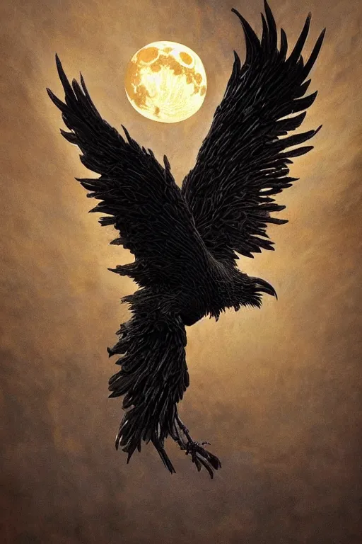 Prompt: Intricate stunning highly detailed raven by agostino arrivabene and Vladimir Kush, surreal metal sculpture, ultra realistic, Horror, dramatic lighting, full moon, blood moon, thick black swirling smoke tornado, burning fire embers, artstation