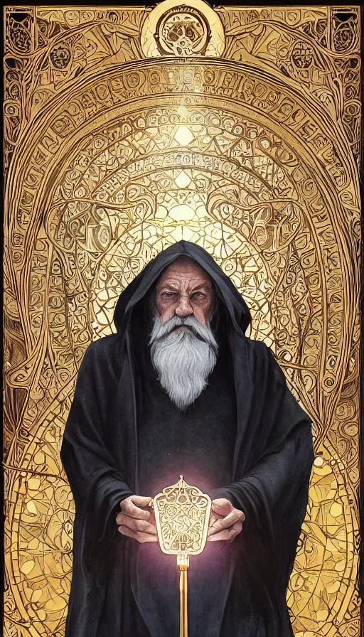 Image similar to an old man with a light, a black cloak and a white beard, highly detailed, very intricate, art nouveau, gold filigree, left right symmetry, tarot concept art watercolor illustration by mandy jurgens and alphonse mucha and alena aenami, featured on artstation