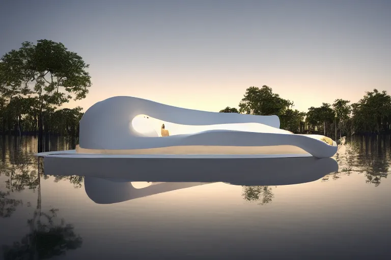 Prompt: a white foam shaped building on the calm lake, human perspective, future, interior wood, marble, award winning, highly detailed 4 k art, dusk, unreal engine highly rendered, global illumination, radial light, internal environment by kazuyo sejima and national aquatics center