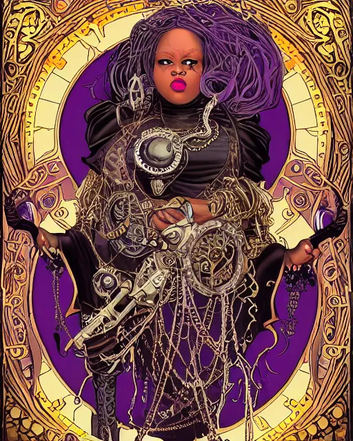 Image similar to a detailed portrait illustration of a steampunk sorceress - laywer. beautiful obese black female face, very dark skin. art nouveau, pop art, comic book style. influenced by neil gaiman, h. p. lovecraft, dan mumford, brian froud, kehinde wiley, killian eng, ross tran.