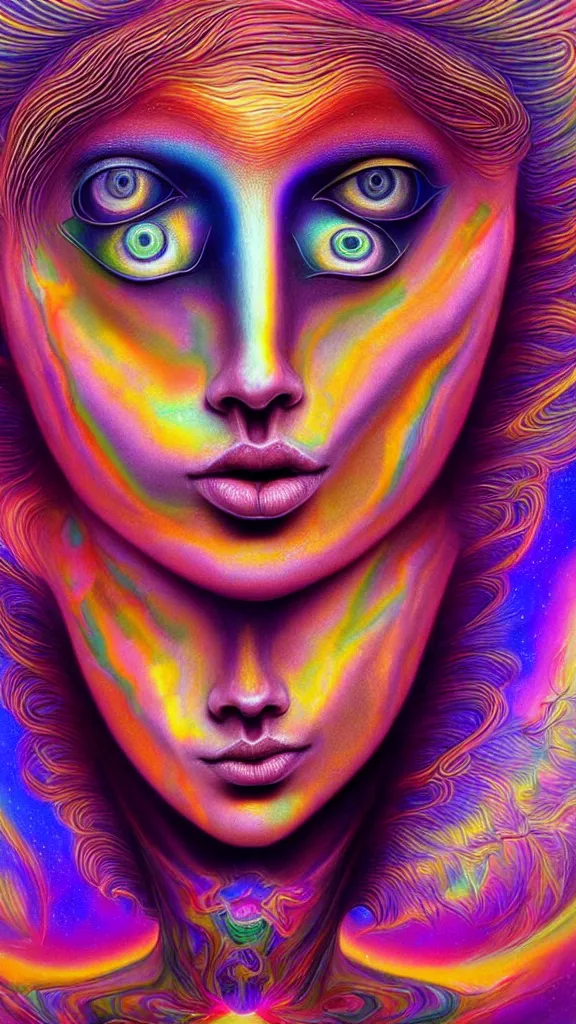 Image similar to hyperrealistic abstract close-up female! portrait Renaissance psychedelic!! celestial happy! pure creature!! perfect!! face! peaceful! kind spirit of nature! beautiful fractal!! eyes! highly detailed concept art eric zener elson peter cinematic hard rainbow lighting high angle hd 8k sharp shallow depth of field endless, inspired by Zdzisław Beksiński Salvador Dali