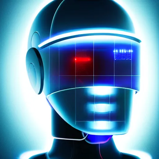 Image similar to portrait of a slick futuristic robot with a large square tv for a head, displaying a digital face. hyper realistic. cyberpunk background. intricate details