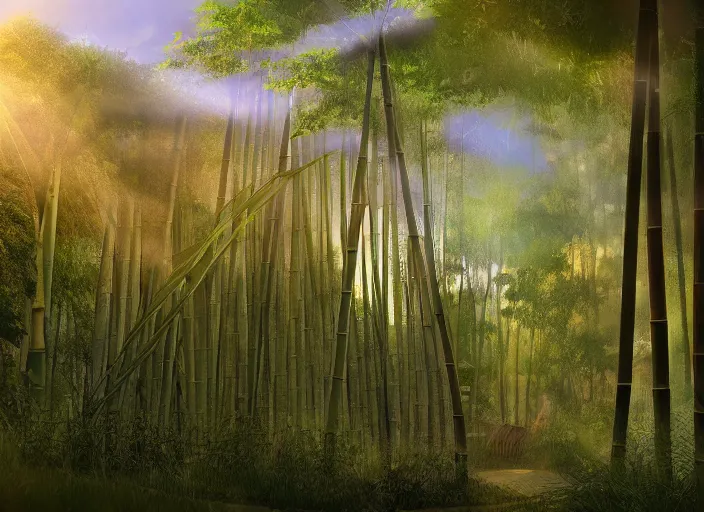 Prompt: deep in a japanese bamboo forest, small cozy house in distance with garden, sunny, cartoony, sketched, mid day, realistic lighting, light rays, by ghibli studio, arcane, wild rift, trending on artstation, 4 k, hd