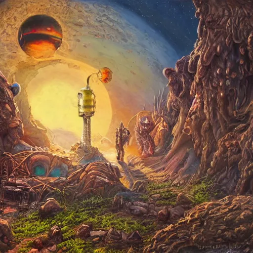 Prompt: astronauts land on ancient post - apocalyptic planet, jim henson creature shop, vivid and colorful, thomas kincaid, cinematic, oil painting, highly detailed, illustration