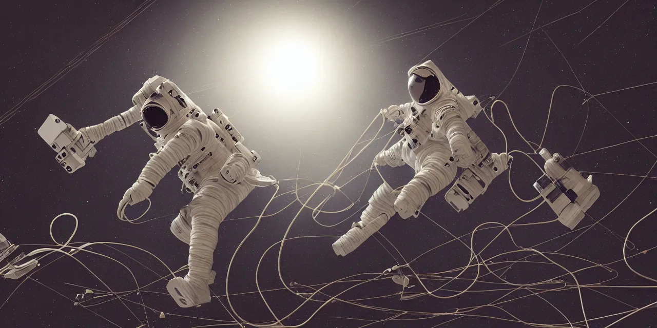 Prompt: astronaut entangled by a lot of cables, connected to a supercomputer designed by Dieter Rams, cinematic lighting, haze, moonlight, strong shadows, octane render, lens flare, particles, laser