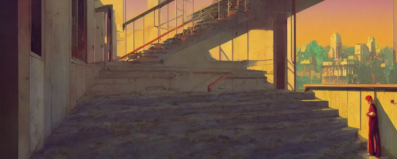 Image similar to An oilpainting of neo brutralism, concrete housing, a long stairway up, concept art, colorful, vivid colors, sunrise, warm colors, light, strong shadows, reflections, cinematic, 3D, in the style of Akihiko Yoshida and Edward Hopper