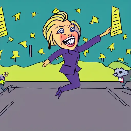 Image similar to large hillary clinton chasing after anthropomorphic envelopes running away in fear, cute cartoon artstyle, green sunny hills