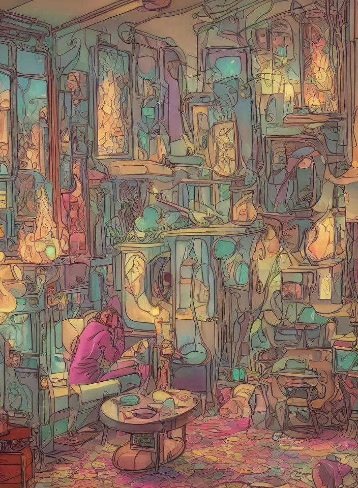 Image similar to telephoto 7 0 mm f / 2. 8 iso 2 0 0 photograph depicting the feeling of chrysalism in a cosy safe cluttered french sci - fi ( ( art nouveau ) ) cyberpunk apartment in a pastel dreamstate art cinema style. ( person relaxing living room ) ( ( fish tank ) ), ambient light.