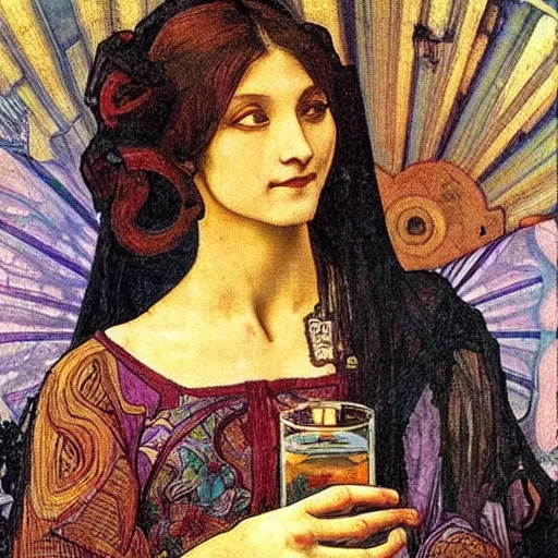 Image similar to a beautiful arrogant surreal greek lady drinking tea looking disdained, rennaisance painting, by leonardo da vinci and alphonse mucha