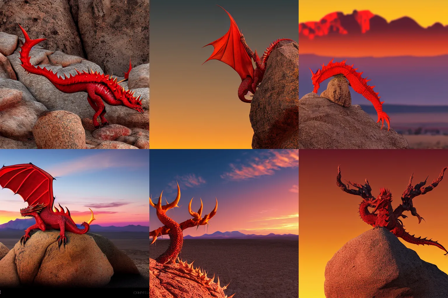 Prompt: giant red dragon with long sharp teeth and horns, perched on a rock in the mojave desert at sunset. cholla and prickly pear cactus. rocky ground with mountains on the horizon. photorealistic. highly detailed. 4 k.