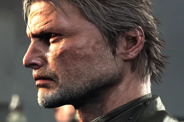 Prompt: Mads Mikkelsen as Solid Snake in Metal Gear Solid (2022), side view profile, high-quality 4k