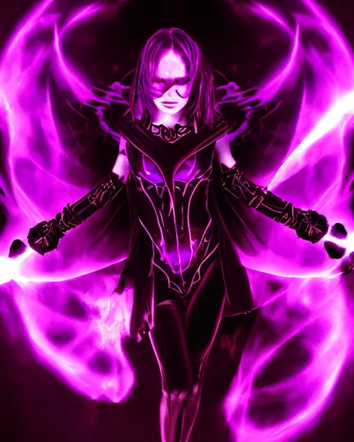 Image similar to pyromancer devil girl cover in purple death flames, deep pyro colors, purple laser lighting, award winning photograph, radiant flares, intricate, various refining methods, micro macro autofocus, evil realm magic painting vibes