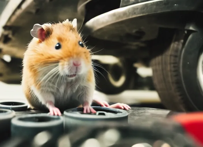 Image similar to film still of a hamster working as a mechanic in an auto shop, 8 k