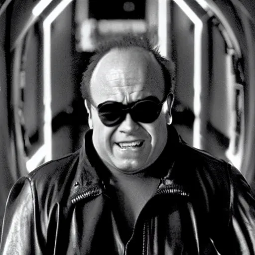 Image similar to Danny Devito as the T-1000 from Terminator 2, cinematic, Eastman 5384 film