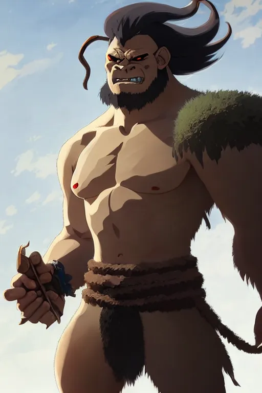 Image similar to orc barbarian male, finely detailed perfect face, exquisite details, earth magic, mid view, design on a white background, by studio muti, greg rutkowski makoto shinkai takashi takeuchi studio ghibli