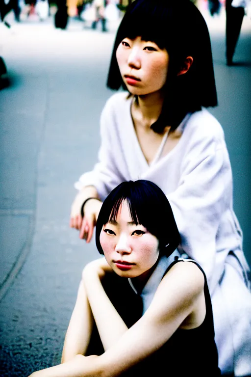 Image similar to photography street portrait of a beautiful japanese woman sitting in ueno park, shot on cinestill 5 0 d with a 3 5 mm lens aperture f / 5. 6, dynamic composition, close up, full frame, full res