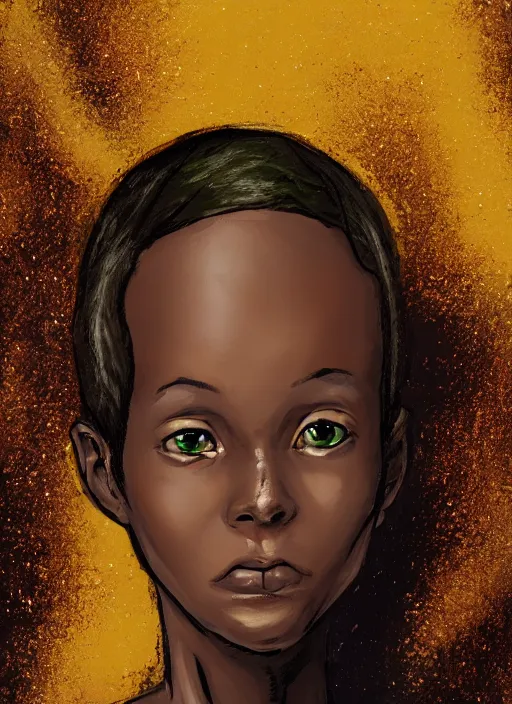 Image similar to An sci-fi comic book style portrait painting of a short, dark-skinned, slender girl wearing a gold and green shirt with short auburn hair that comes almost to her shoulders with brown eyes that look almost black with flecks of gold in them. The girl has a medium-sized scar on the upper right side of her head, unreal 5, DAZ, hyperrealistic, octane render, cosplay, RPG portrait, dynamic lighting