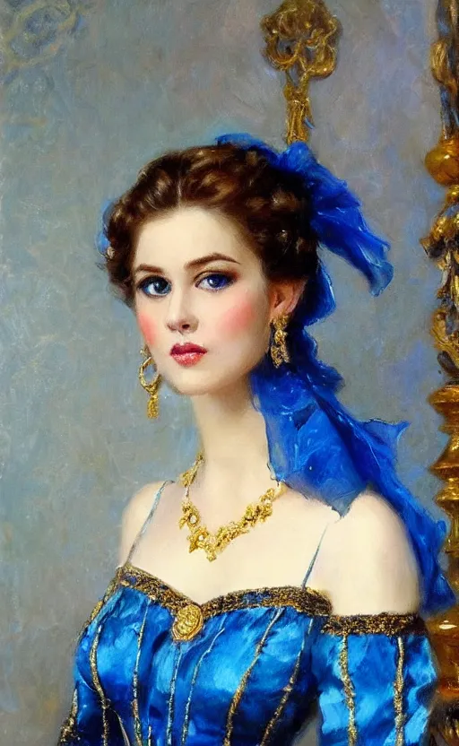 Prompt: Elegant laydy in blue victorian dress with gold ornaments. By Konstantin Razumov, highly detailded