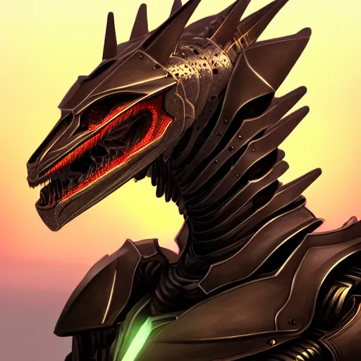 Image similar to epic beautiful bust shot, realistic detailed stunning armored anthropomorphic robot female dragon, doing an elegant pose, looking to the side, sleek streamlined armor and design, sharp claws, Slick LEDs, standing on two legs, on the beach during sunset, high quality, cinematic art, sunset lighting, artstation, deviantart, furaffinity