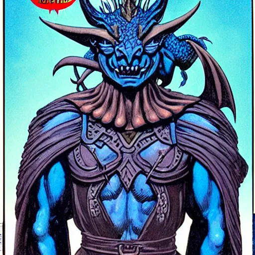 Image similar to head and shoulders portrait of a medieval d & d fantasy anthropomorphic blue dragon - headed - human hybrid with electrcity magic, comic book cover art photo by phil noto, frank miller, hr giger, alex ross, glenn fabry