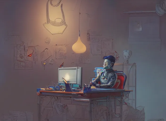 Image similar to an insanely detailed painting of an asian man wearing a homemade superhero costume, sitting at a desk, staring seriously at the computer and typing, in the style of peter mohrbacher, james jean, artgerm, dramatic lighting and composition, surreal background, octane render, pixar, trending on artstation, concept art, comic book, view from behind, 8 k