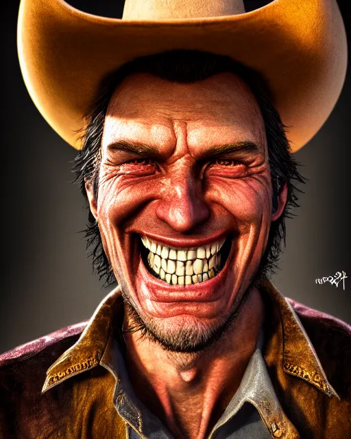 Prompt: portrait of a cursed grinning cowboy, ultra realistic, highly detailed, hd, sharp focus, cinematic lighting, shaded, mood lighting, realistic, photorealistic, vivid colors, painting, photograph, digital art, non blurry, sharp, smooth, illustration