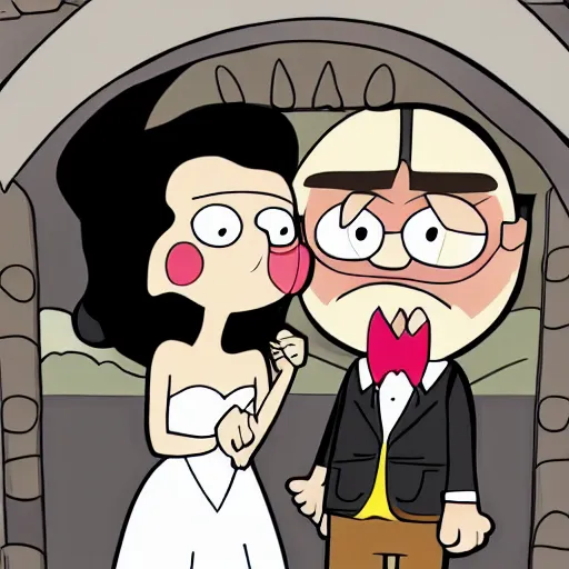 Image similar to gravity falls! white eyes black iris eye, wedding couple, cartoon, comics