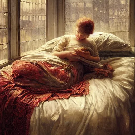 Image similar to on a rainy day, someone sits in bed, curled up under the covers, looking out the window, cinematic, artstation, extremely detailed, intricate, cinematic lighting, art by eugene de blaas